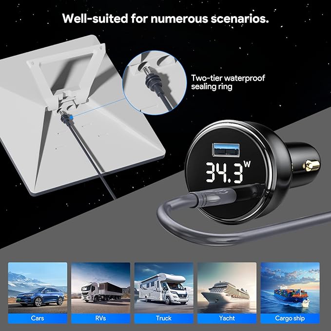 QUIDDITY Starlink Mini Car Adapter DC Power Cable + Cigarette Lighter Adapter 12V-24V with Digital Display, Water-Resistent Car Charging Cord with USB Type-C Port Starlink Mini Accessories(5M/16FT)