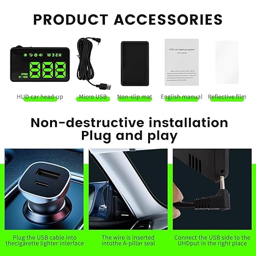 Heads up Display for Cars,Car HUD,Head up Display for Car,Car Speedometer Display,Automatic Brightness Adjustment,Speeding Alert,USB Cable Plug & Play