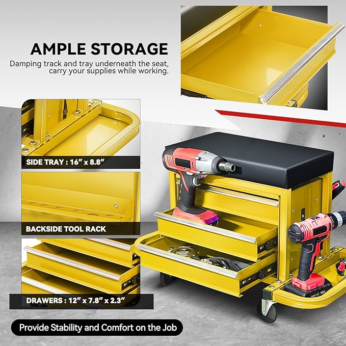 Auto Dynasty 3-Drawer Mechanic Rolling Seat, 350 LBS Capacity Roller Garage Shop Seat with Storage Tool Tray for Workshop, Repair Shop, Warehouse, Yellow