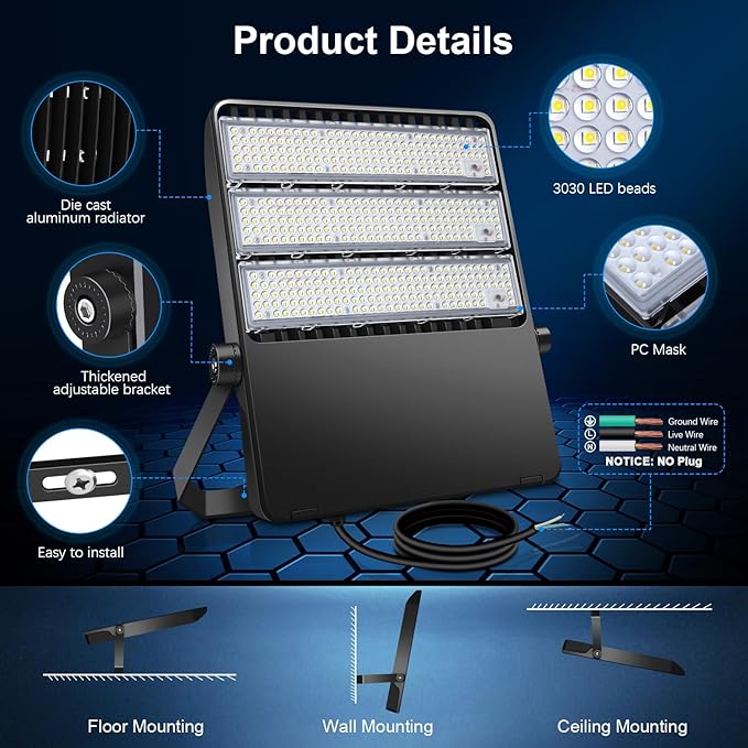 Stadium Lights Outdoor LED, Super Bright 50800 Lumen Stadium Flood Light 5000K 360W Commercial Arena Field Lighting Security IP65 Waterproof Exterior Floodlight for Yard Sport and Court