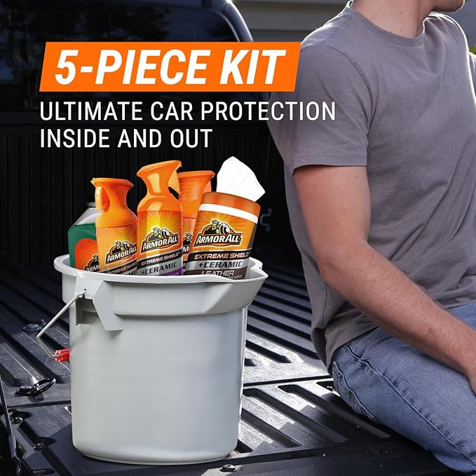 Armor All Complete Ceramic Exterior Car Cleaner Car Care Kit, Keeps Car Fresh and New, Includes-Leather Cleaning Wipes, Tire Coating Spray, Wheel Cleaner, Car Wash and Glass Cleaner, 5 Count