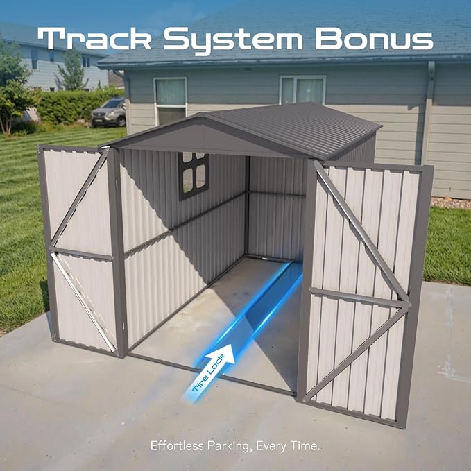 5’ x 10’ Motorcycle Storage Sheds, Metal Shelter & Garage with Windows and Lockable Door Handle, Heavy Duty Vehicle Shed for All Weather, Track System Included, Anthracite