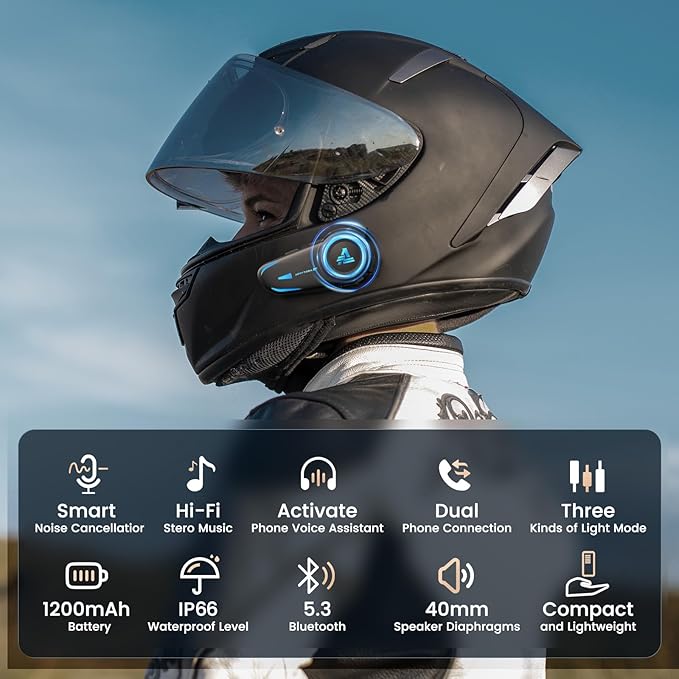 1200mAh Motorcycle Helmet Bluetooth Headset with Voice Assistant,Helmets Headset with IP66/V5.3/HI-FI Stero/Noise Reduction for Motorcycle Helmets,Single Ski/ATV/Bike