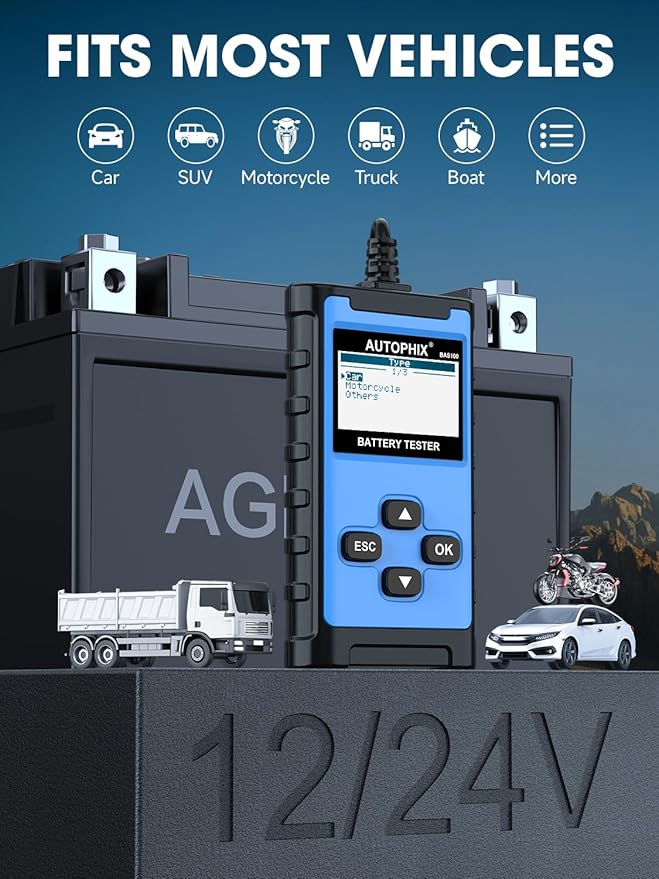 AUTOPHIX BAS100 Car Battery Tester, 12V 24V Load Tester, 100-2000 CCA Digital Automotive Alternator Tester, Auto Battery Analyzer Charging Cranking System Tester for Car Truck Motorcycle Boat and More
