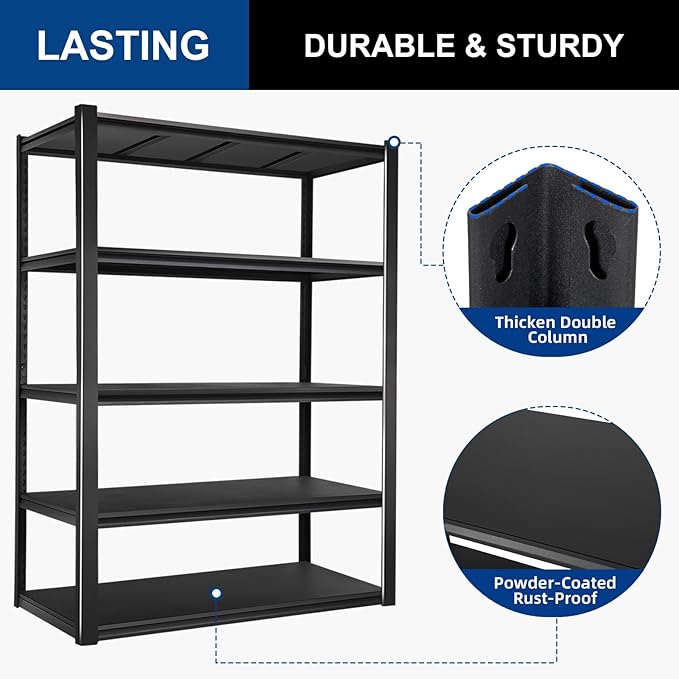 BILT HARD 3500 LBS 48" W x 24" D x 72" H Metal Garage Shelving Unit, 5-Tier Industrial Heavy Duty Storage Shelves, Steel Shelving with Adjustable Rack, Ideal for Garage, Black