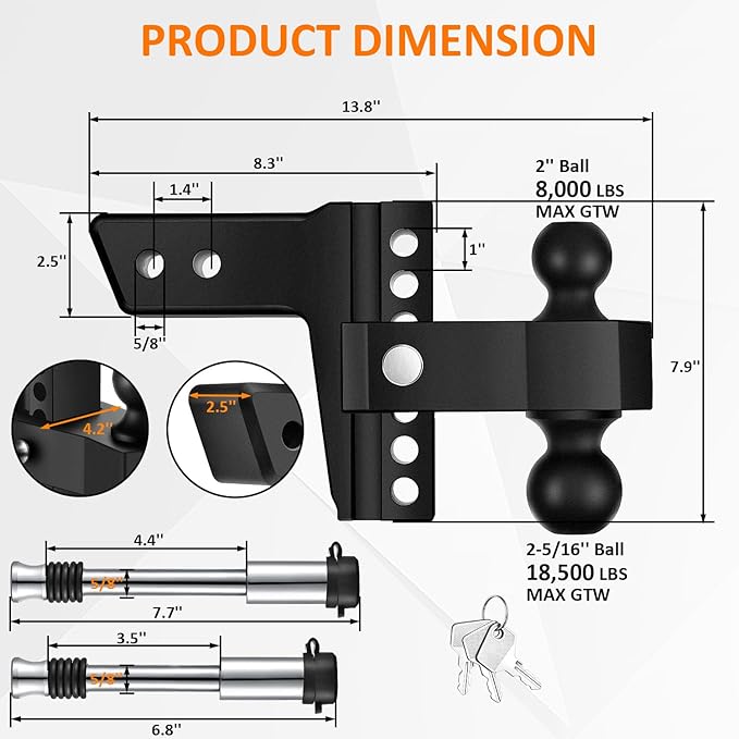 Adjustable Trailer Hitch-Drop Hitch Fits 2.5-Inch Receiver -6" Drop/Rise Tow Hitch with 2" and 2-5/16" Tow Balls-18,500GTW with Double Anti-Theft Pins Locks (Black+Black)