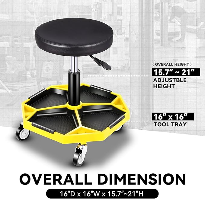Auto Dynasty Mechanic Stool, Adjustable Rolling Pneumatic Creeper Garage Shop Seat with Tool Tray, 300 LBS Roller Seat for Workshop Auto Repair, Adjustable Height 15.7" to 21", Yellow