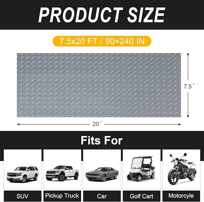 7.5x20 FT Garage Floor Mat, 2.8mm Thickened Flooring Roll with 20Pcs Tapes, Diamond Plate PVC Rubber Trailer Mat, Non-Slip Floor Protector Mat for Garage, Warehouse, Gyms, Trailer(Gray