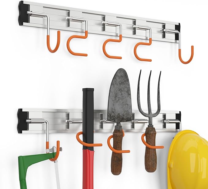 34.5'' Aluminum Alloy Garage Tool Organizer Hooks,Broom Holder Wall Mount, Adjustable Garden Wall Mount Holder for Hanging Shovel Broom Rake Bulk Items and More