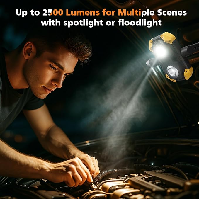 Samyoung 2 Pack Magnetic 2500 LM LED Work Light, 10 Hours Long Lasting 360°Rotating 7000K Warm Rechargeable Work Light Folding Waterproof for Job Site Car Inspection Camping Emergency