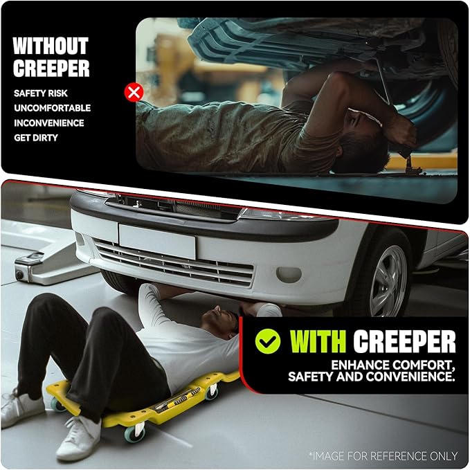 Auto Dynasty 40 Inches Mechanic Creeper, Automotive Garage Repair Low Profile Under Car Rolling Creeper with Padded Headrest, Plastic, Yellow
