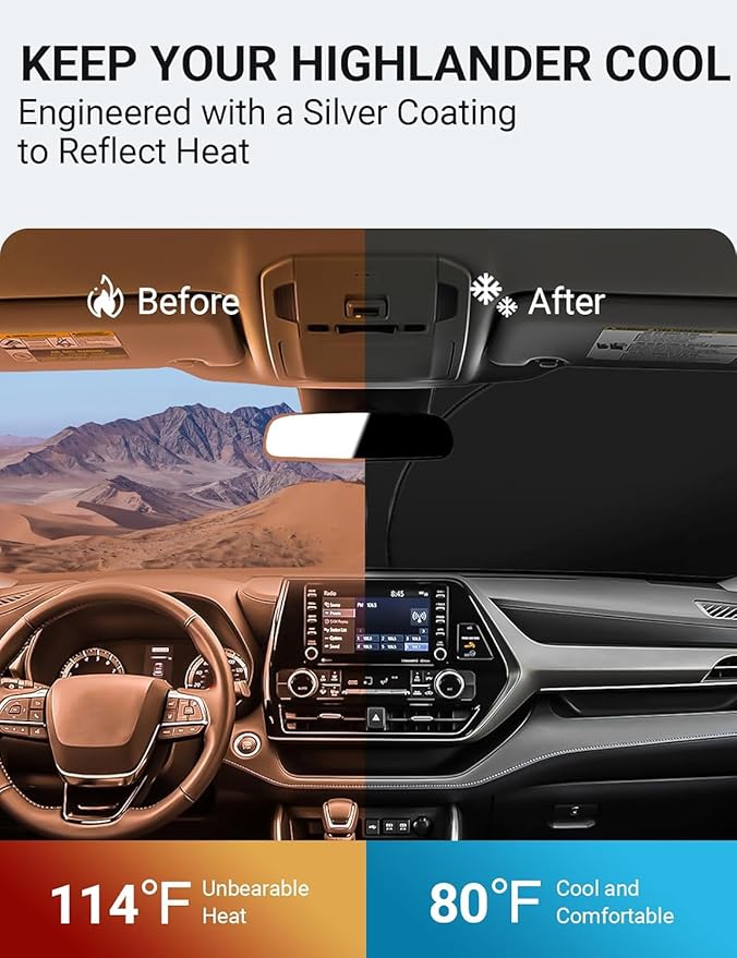 Proadsy for Toyota Highlander 2020-2024 2025 Windshield Sun Shade 4-Layer Foldable Highlander L LE XLE Limited Platinum Front Sunshade Protector Sun Visor Blocks UV Rays Keep Car Cooler