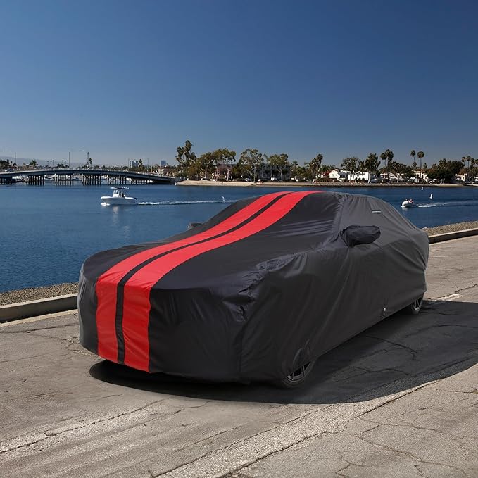iCarCover Custom Car Cover for Buick Riviera (1986-1988) Waterproof All-Weather Rain Snow UV Sun Protector Full Exterior Indoor Outdoor Car Cover (Stripe - Black/Red)