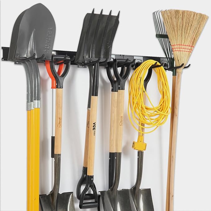 Locking Garden Tool Organizer, Garage Organization Wall Mount Storage Rack, Heavy Duty Metal Yard Tool Organizer, Adjustable Hanging Hooks, Hold Up to 420lbs (48Inch Black)