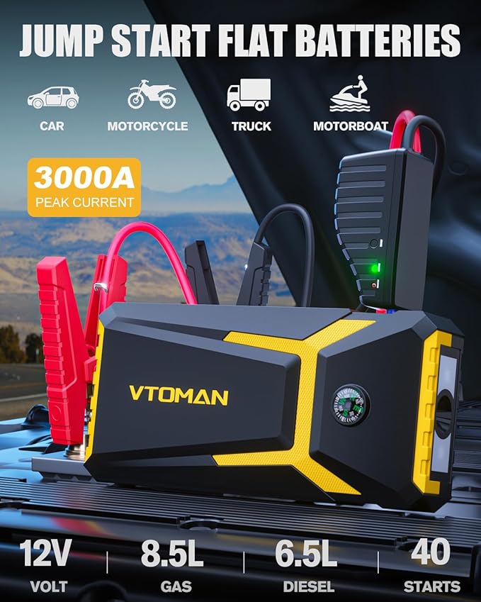 VTOMAN V8 Pro 3000A Jump Starter, Car Battery Charger Jump Starters for Up 8.5L Gas and 6.5L Diesel Engines, 12V Auto Lithium Battery Booster Pack, Portable Jump Box with Jumper Cable LCD Display