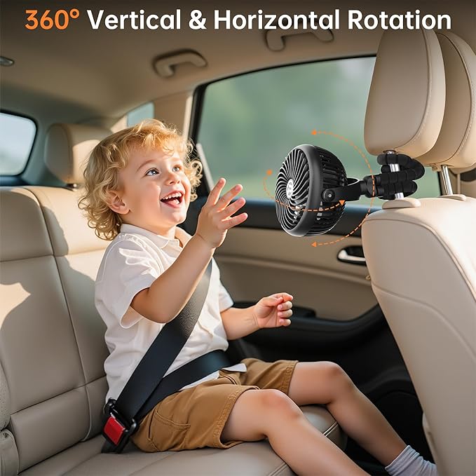 Rechargeable Car Fan for Backseat Kids Baby, 3-Speed Quiet with 5000mAh Battery, 360° Rotatable Rear Seat Passenger Cooling Fan, Cordless Portable Clip on Fans for Vehicle SUV Sedan RV