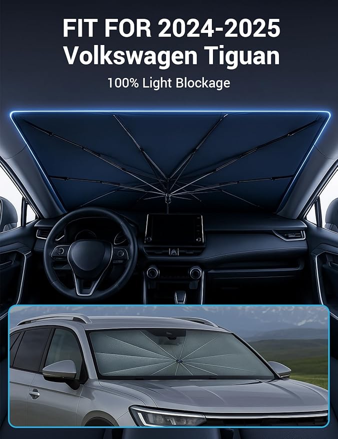 Proadsy Windshield Sun Shade Umbrella for Volkswagen Tiguan 2024-2025 2026 Foldable Car Umbrella Sunshade with Soft TPU Handle Spring Structure Crystal Cooling Material Protect Car from Rays & Heat