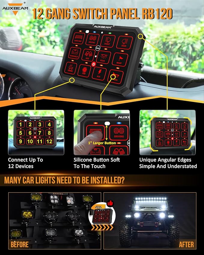 Auxbeam 12 Gang Switch Panel RB120 Toggle Momentary Pulsed RGB Dimmable Switch Panel Multifunction Two Sided Output Marine Control Panel IP65 Waterproof for Car Boat RV, 2 Years Warranty