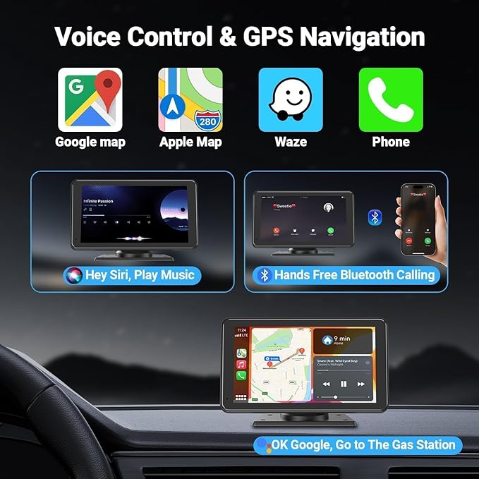 Wireless Double Din Car Stereo Compatible with Apple CarPlay and Android Auto,7" HD Portable Bluetooth CarPlay Touch Screen for Car,with Car Play Dash Mount and Backup Camera