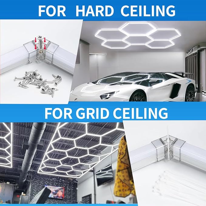 tewei Hexagon LED Garage Light, 6 Grids Hexagon Car Detailing Lighting Fixture 6500K Daylight White LED Shop Light, 265W, 26500LM Super Bright Ceiling Lights for Workshop, Warehouse, Gym, Basement
