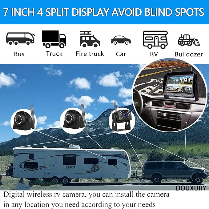 Wireless Backup Camera for RV Truck Trailer Camper Bus 5th Wheel 3 Rear/Side View Cameras 1080P 4-Split 7" Screen with Adapter for Furrion Pre-Wired Night Vision IP69 Waterproof 170° Wide View Angle