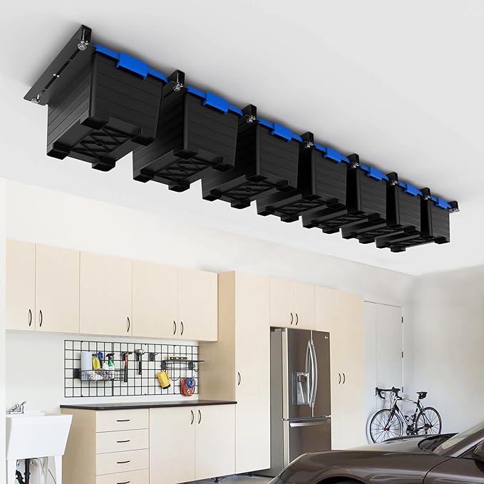 EVERHANGER Ceiling Storage Rack, Heavy Duty Overhead Storage Rack for Garage, Adjustable Ceiling Bin Storage System, 8 Sets for 7 Bins, 16 Inch