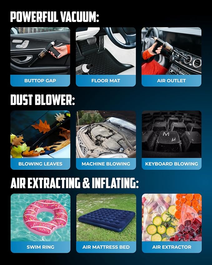 Portable Car Vacuum Cleaner “CrossClean 2-in-1 Vacuum & Air Blower | 120W High-Power | 8 Attachments | 12V Rated Voltage | Cordless, Lightweight & Rechargeable via Type-C Cable