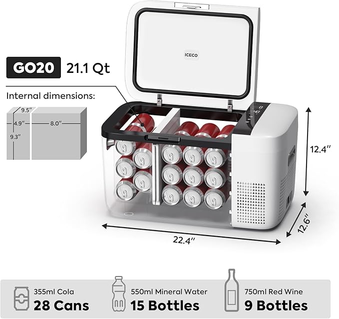 ICECO GO20 Dual Zone 12 Volt Refrigerator, 12V Car Refrigerator with Secop Compressor, Separate Control, DC & AC, 0℉ - 50℉, Portable Freezer Compressor Cooler for Outdoor, White, 21 Quart(20 Liter)