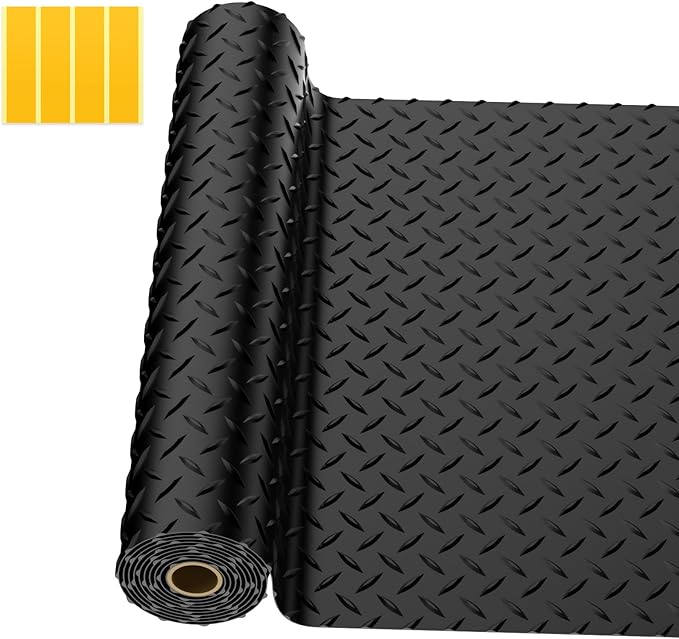 4x6 FT Garage Floor Mat,2.8mm Thickened PVC Flooring Roll for Under Car,24 SQFT Diamond Plate Black Garage Mats for Truck,Trailer,SUVs,Van,Golf Cart,Motorcycle（Included Tapes）