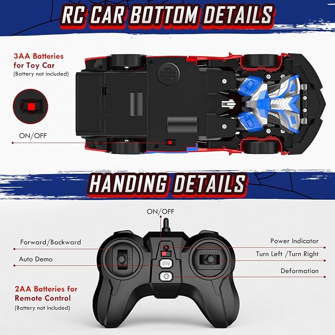 Remote Control Car for Boys 4-7, 2.4GHz RC Car 1:18 Scale, One-Button Transforming Toy with 360° Spins, LED Lights