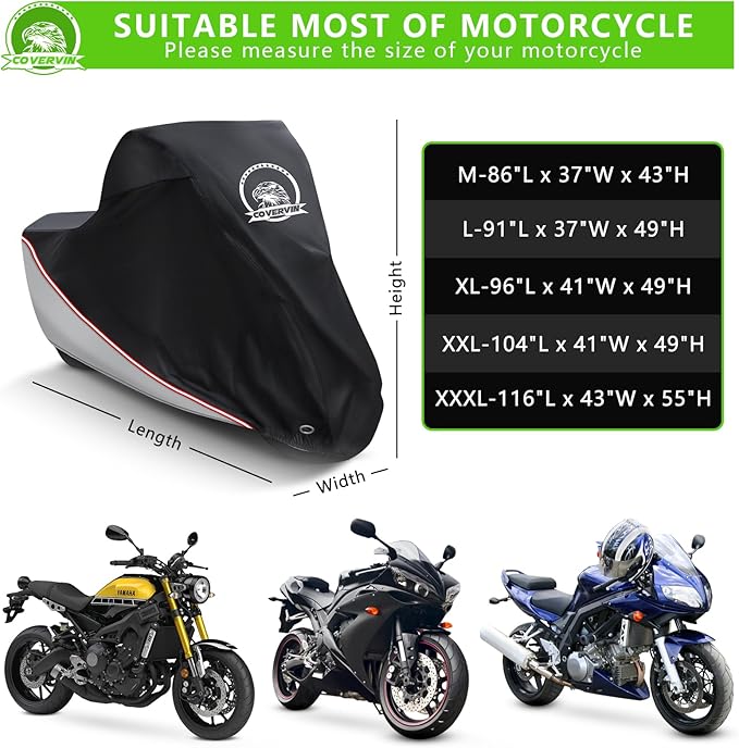 COVERVIN Motorcycle Cover, All Weather Outdoor Waterproof Night Protection with Reflective Strips, Locking Holes and Storage Bag for 91 Inch Suzuki, Kawasaki, Honda, Harley-Davidson(Silver L)