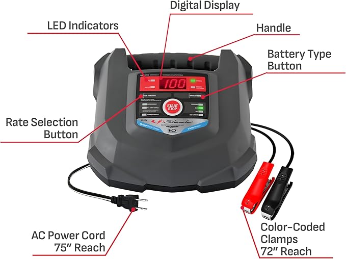 Schumacher Electric Car Battery Charger and Maintainer SC1280 4-in-1, 15 Amp, Fully Automatic for 6v and12v Automobile Batteries - Ideal for Motorcycles, Cars, Trucks, SUVs, Marine Batteries, and More