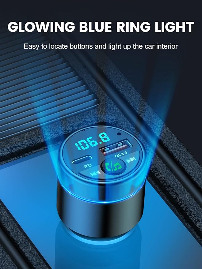 FM Transmitter for Car Bluetooth 5.3, [All-Metal] PD 30W & QC3.0 18W Fast Car Charger, Wireless FM Radio Car Kit Bluetooth Car Adapter, Noise Cancelling Hands-Free Call, Blue Light - Black