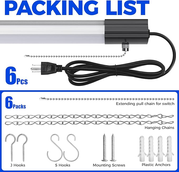 Barrina BS84 LED Shop Lights for Workshop 4FT, 84W, 10000LM, 5000K Utility Shop Lights, Pull Chain ON/Off, Hanging or Flush Mount, ETL, 6 Packs