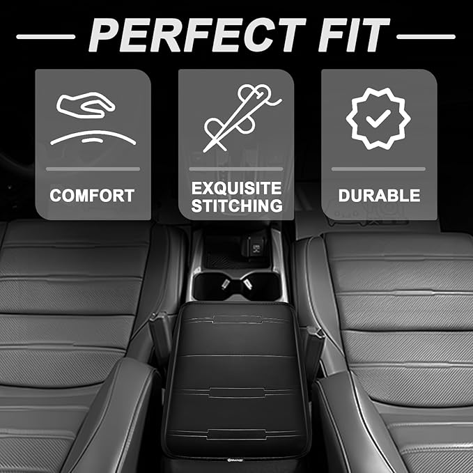 Muslogy Center Console Armrest Cover Compatible with 2017 2018 2019 2020 2021 2022 Honda CR-V Comfort Armrest Pad Arm Rest Cushion Vegan Leather Protector Black Regular Thick