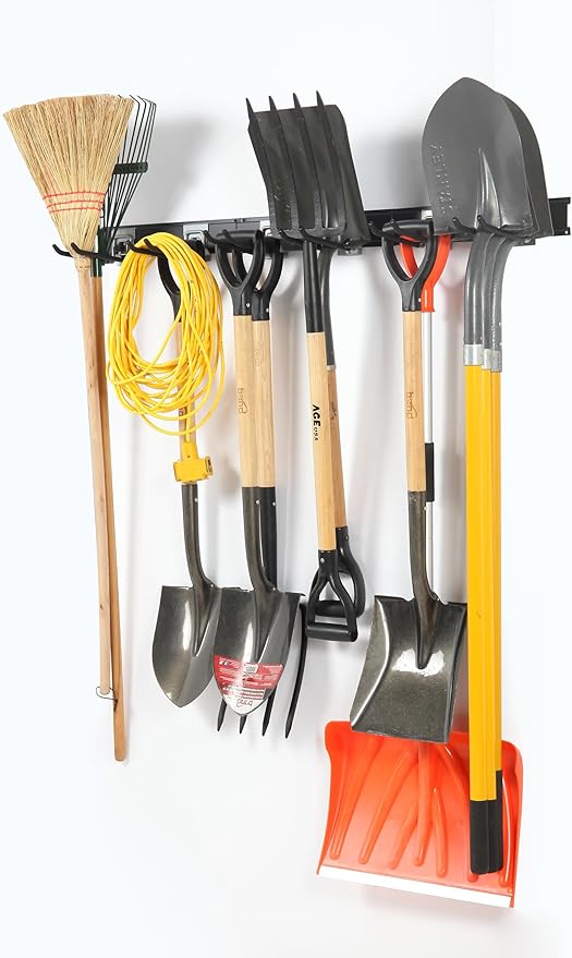 Locking Garden Tool Organizer, Garage Organization Wall Mount Storage Rack, Heavy Duty Metal Yard Tool Organizer, Adjustable Hanging Hooks, Hold Up to 3000lbs (32Inch Black)