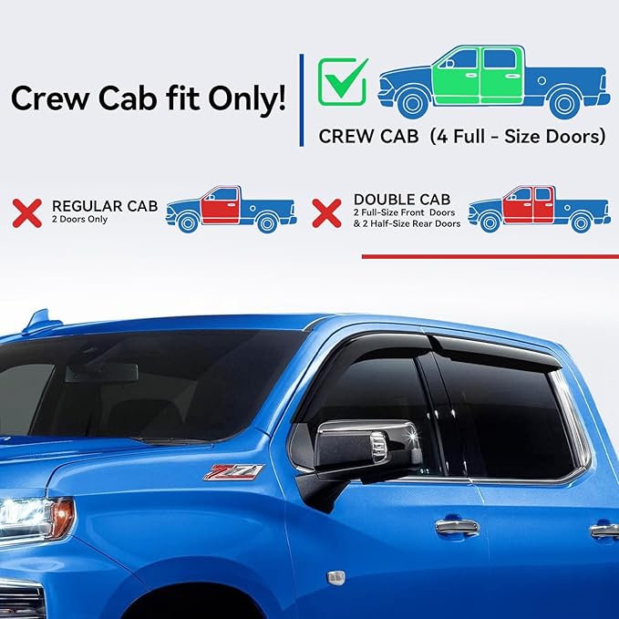 Window Visors Rain Guards for 2019-2025 Chevy Silverado/GMC Sierra 1500 Crew Cab, Out-Channel Window Vent Wind Deflectors Visors Shades for 20-25 Silverado/Sierra 2500HD 3500HD Crew Cab