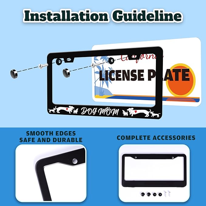 Dog Mom License Plate Frame Cute Animal License Plate Holder for Front or Rear Car Tags Stainless Steel Funny Car Decoration with Screws 6.3 X 12.2 in