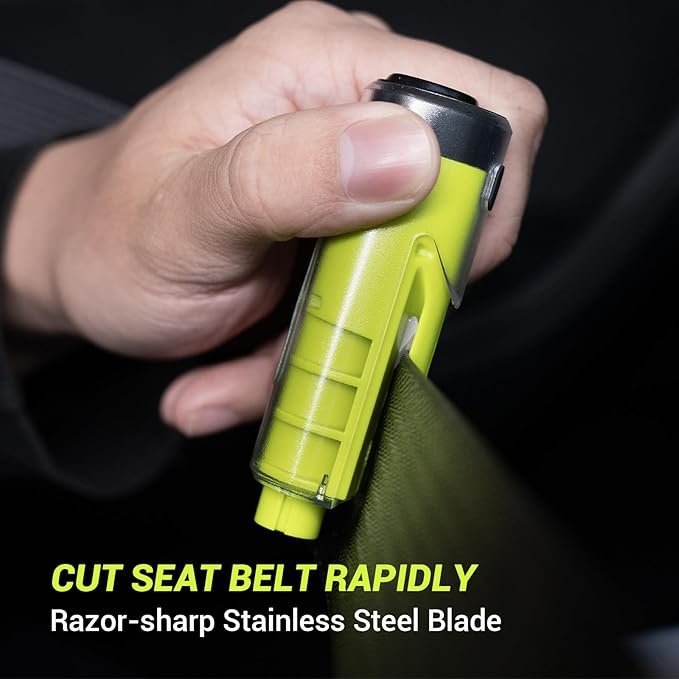 Window Breaker Seatbelt Cutter with Flashlight,2 in 1 Car Escape Tool Key Chain,Safe Hammer Glass Breaker Under Water,2 Pack, Black Green
