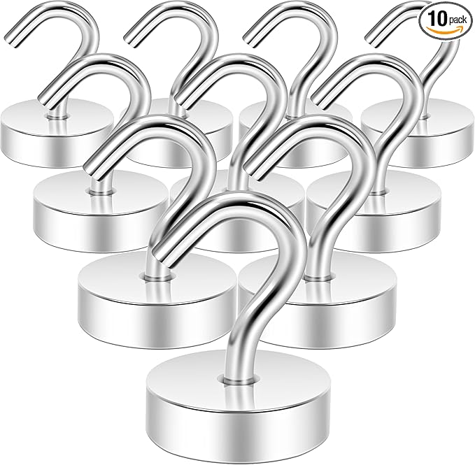 Neosmuk Magnetic Hooks, Cruise Ship Essentials, 40lb+ Heavy Duty Magnetic Hooks for Cruise Cabins, Refrigerator, Grill, Hanging, and Travel | Extra Strong Must-Haves Magnet Hook,Silver,Pack of 10