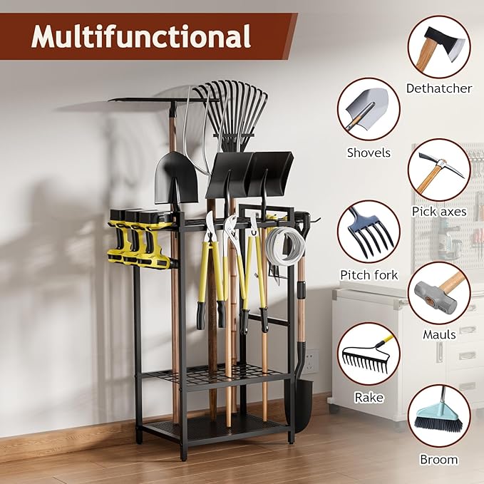 Garden Garage Tool Organizer Yard Tool Organizer for Garage with 4 Hooks, Heavy duty Steel Garden Tool Rack Holds up to 48 Long Handled Yard tools for Storage