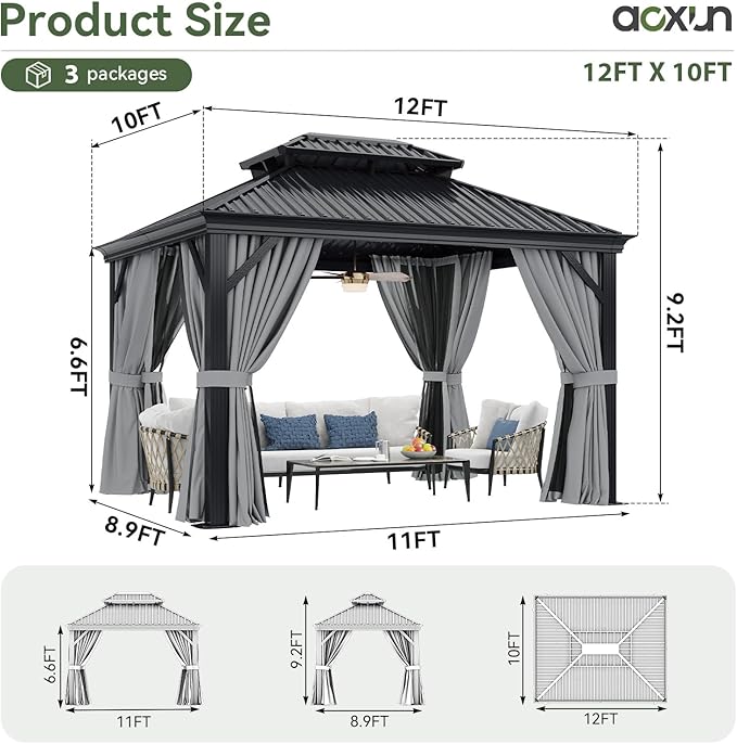Aoxun 10' X 12' Hardtop Gazebo with Drainage System, Aluminum Outdoor Gazebo with Galvanized Steel Double Roof, Patio Permanent Metal Pavilion with Netting, for Garden, Deck, Easy Assemble