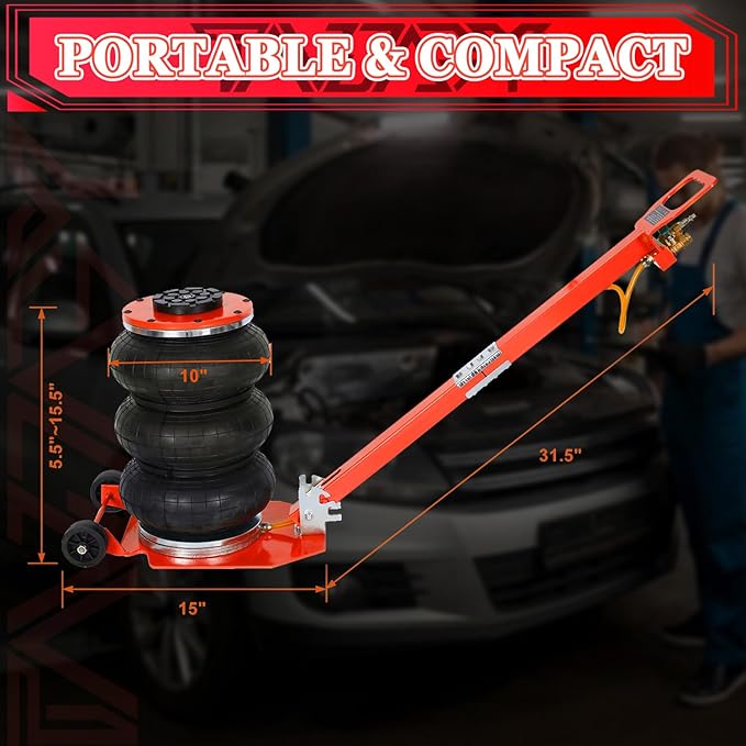 3T Triple Bag Air Jack 6600lbs Pneumatic Jack 3s Fast Lift Up 16in Airbag Jack with Adjustable Long Handle Heavy Duty Triple Air Bag Jack Lift for Cars Garage (Red)