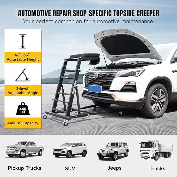 Adjustable Topside Creeper Automotive Engine Creeper 47''-65'', 440 LBS Capacity, 4 Swivel Caster Wheels (2 with Brakes), Padded Deck for Home Garage, Workshop Repair Maintenance
