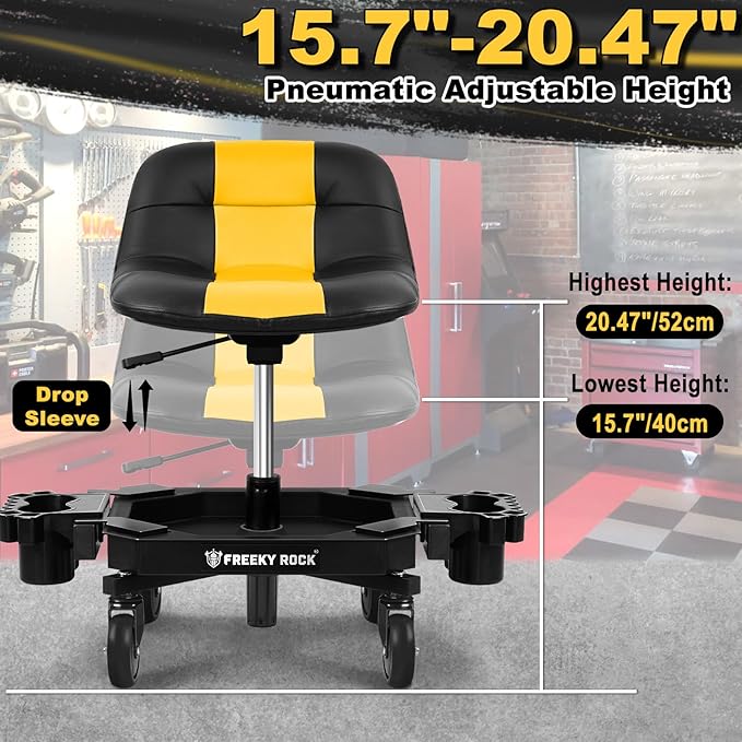 Rolling Stool with Wheels, Adjustable Height Pneumatic Garage Work Mechanic Stool Seat with Backrest, 400 LBS Capacity 360° Swivel Mechanic Crepper Chair with Tool Tray Storage, Yellow