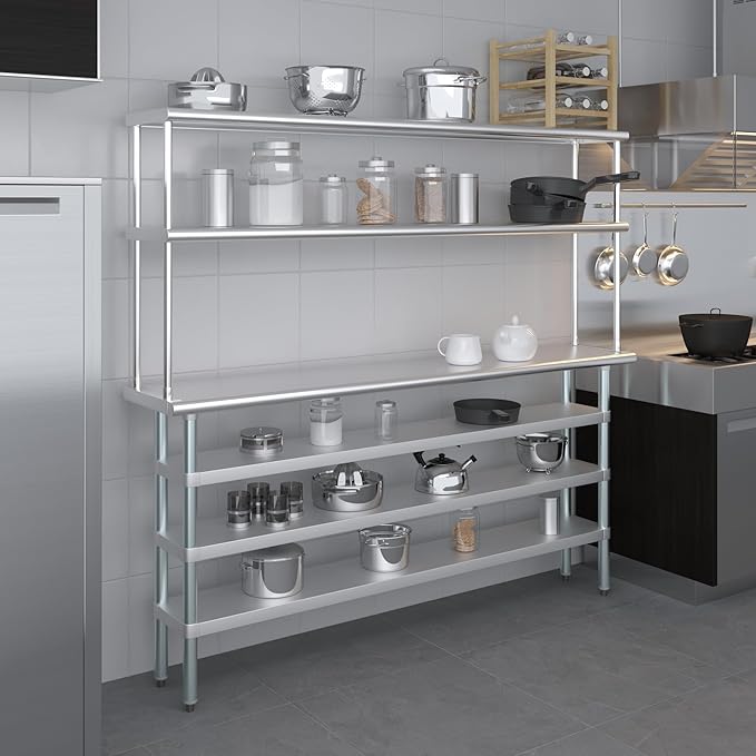 Amgood 14" x 72" Stainless Steel Work Table with 3 Shelves and 12" Wide Double Tier Overshelf | Metal Kitchen Prep Table & Shelving Combo | NSF