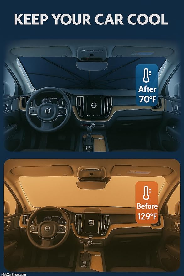Proadsy Windshield Sun Shade Umbrella for Volvo XC90 2016-2025 2026 Foldable Car Umbrella Sunshade with Soft TPU Handle Spring Structure Crystal Cooling Material Protect Car from Rays & Heat