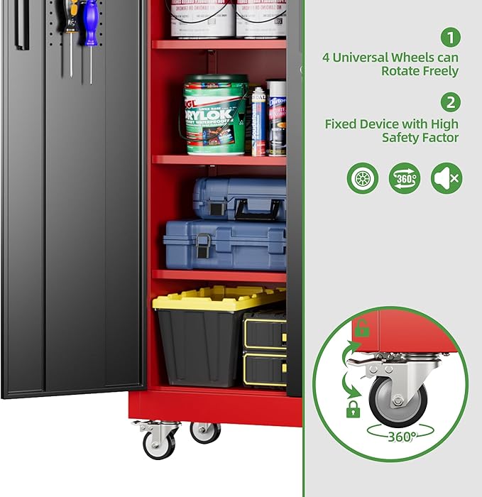 Garage Storage Cabinet with Pegboard and 5 Adjustable Shelves, 71'' x 32'' x 16''Metal Lockable Cabinet with Magnetic Doors,Tool Storage,Home Office Garage,Gym,School (Black-red)