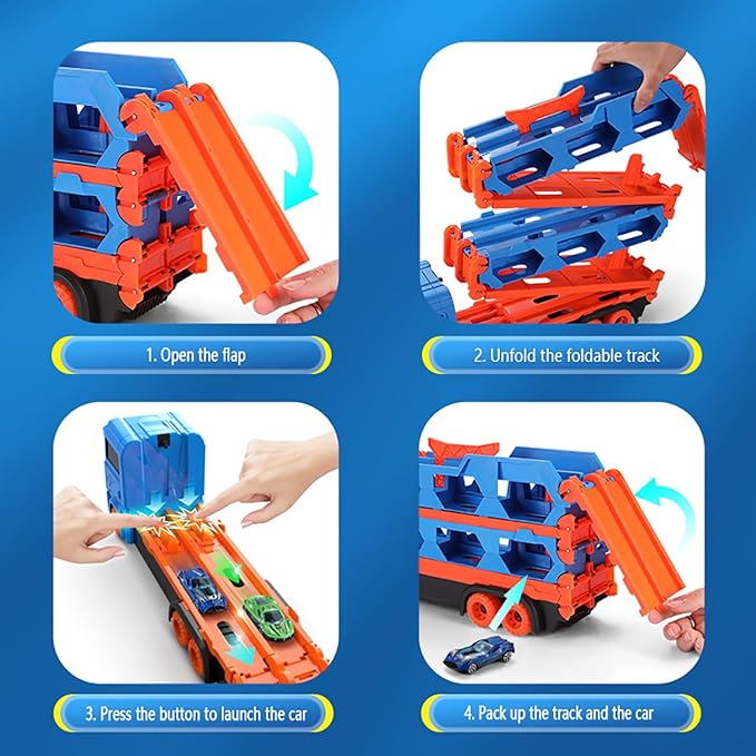 Toy Truck for Kids,Transport Truck with Cars,Garage Storage Toy,Portable Foldable Truck Toy with 59-FT Race Track and 8 Die-Cast Cars,Kids Toys Xmas Gifts for Age 3 4 5 6+ Years Old Boys Girls