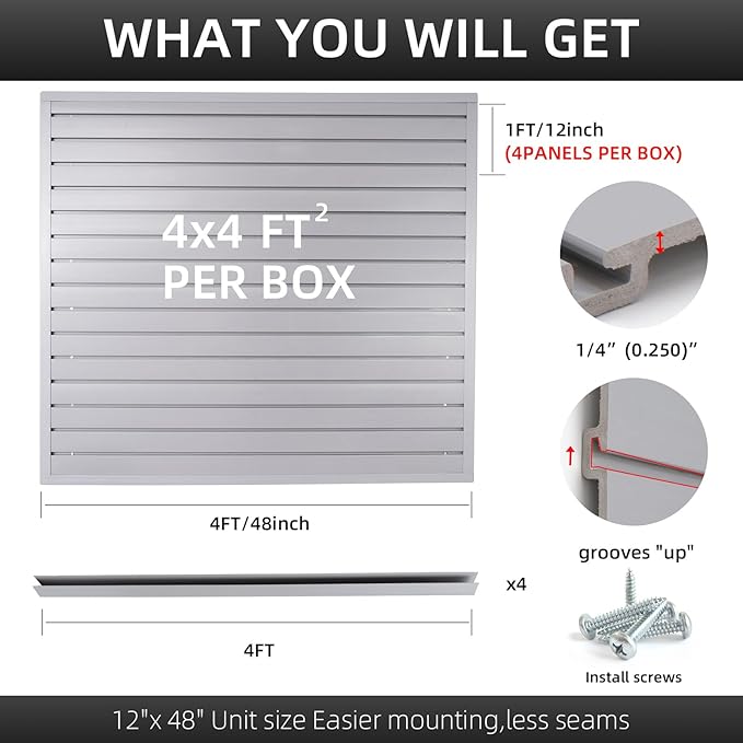 Slatwall Panel Garage Organizer Heavy Duty Wall Mounted, PVC Slat Panels Home Storage System, Tool Organization Peg Board 4ft by 4ft (Gray)